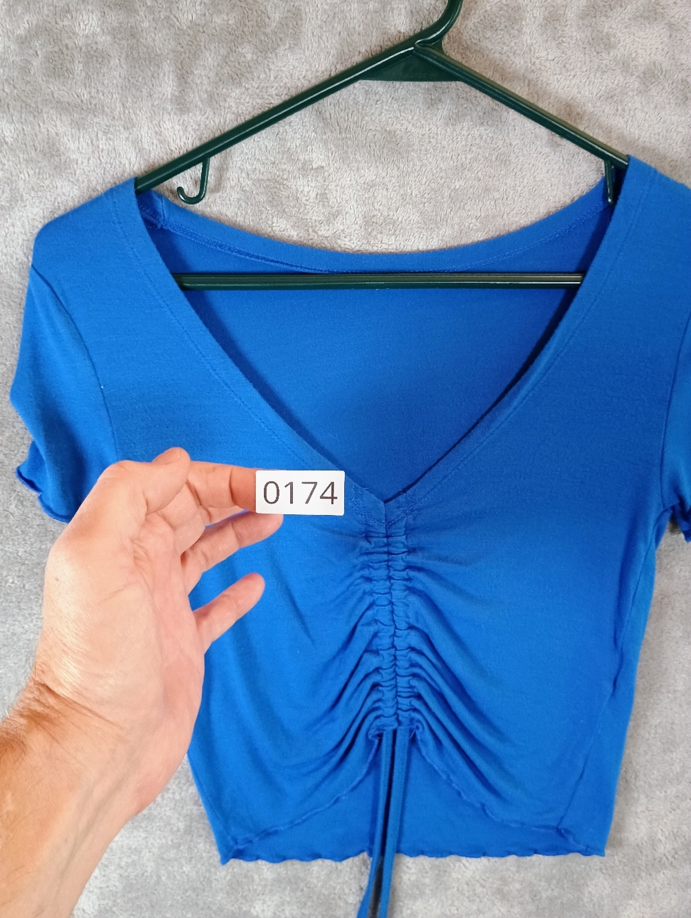 Navy Blue Ruched V-Neck Juniors Top XS - Picture 9 of 9